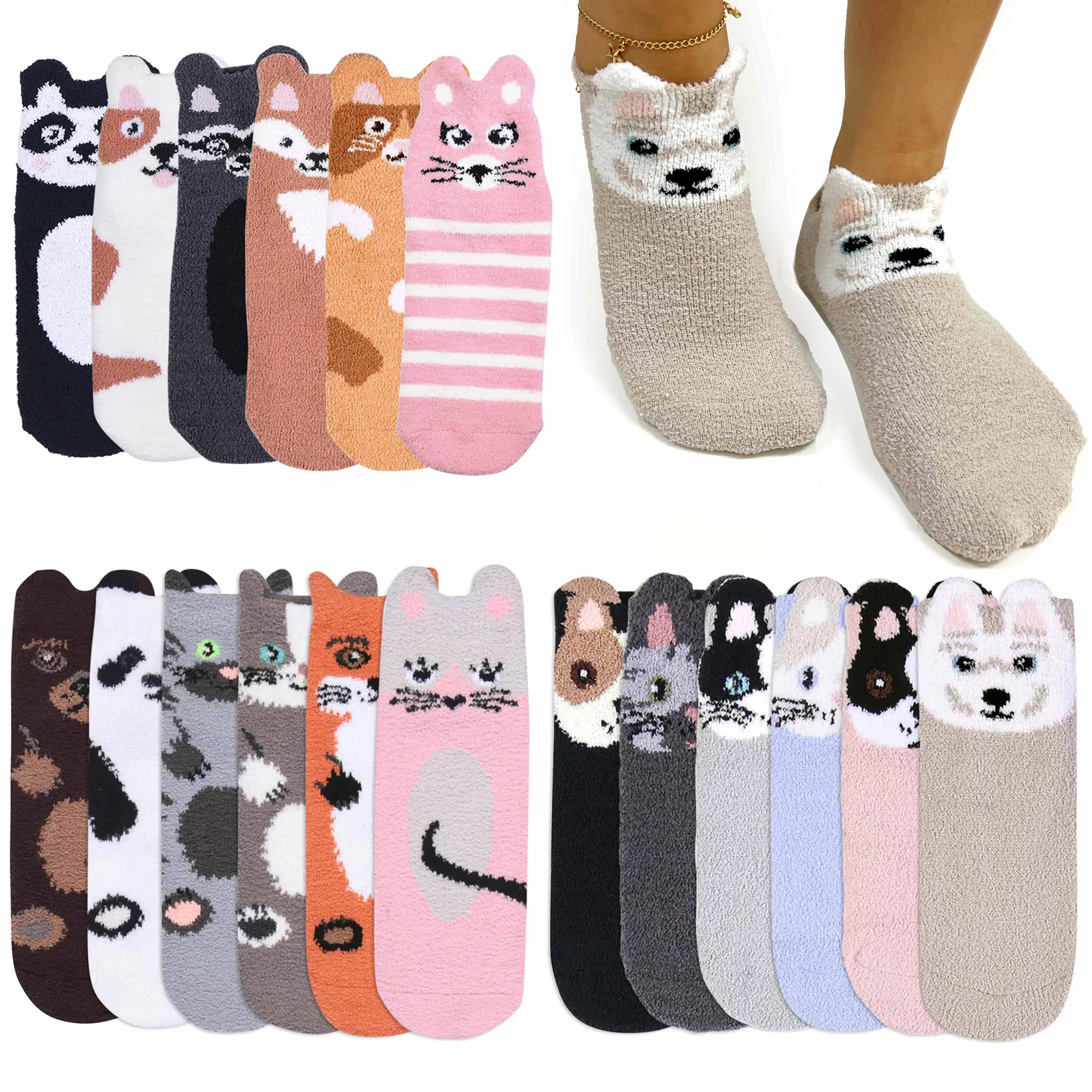 6 Pairs Women Fluffy Socks Fuzzy Slippers Warm Soft Cozy Ankle Crew Winter 9-11