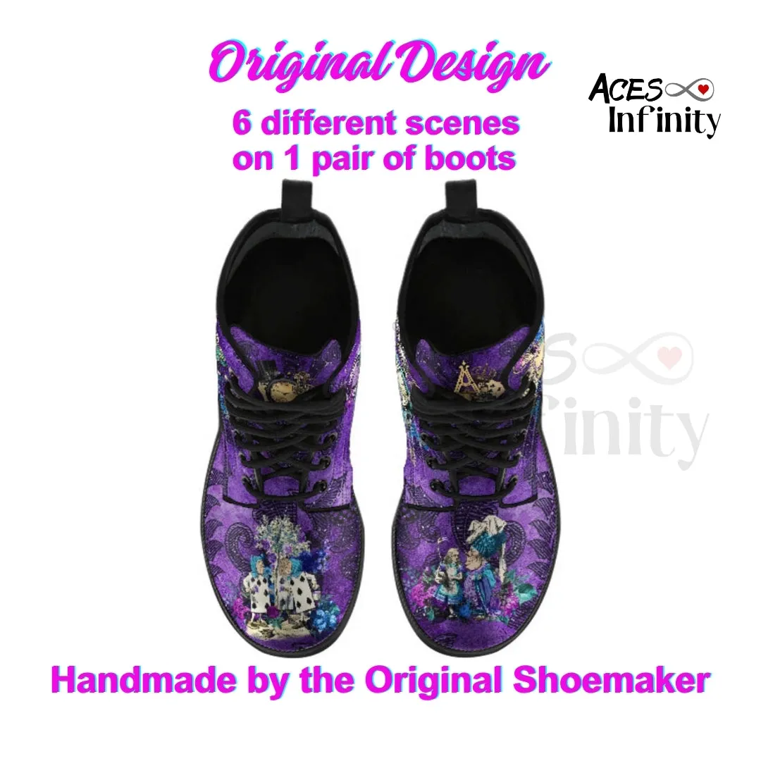 Alice in Wonderland Combat Boots #201 Purple Series (NEW) | Purple Boots for Women, Handmade Lace Up, Women's Boots, Wedding Boots, Mad Hatter