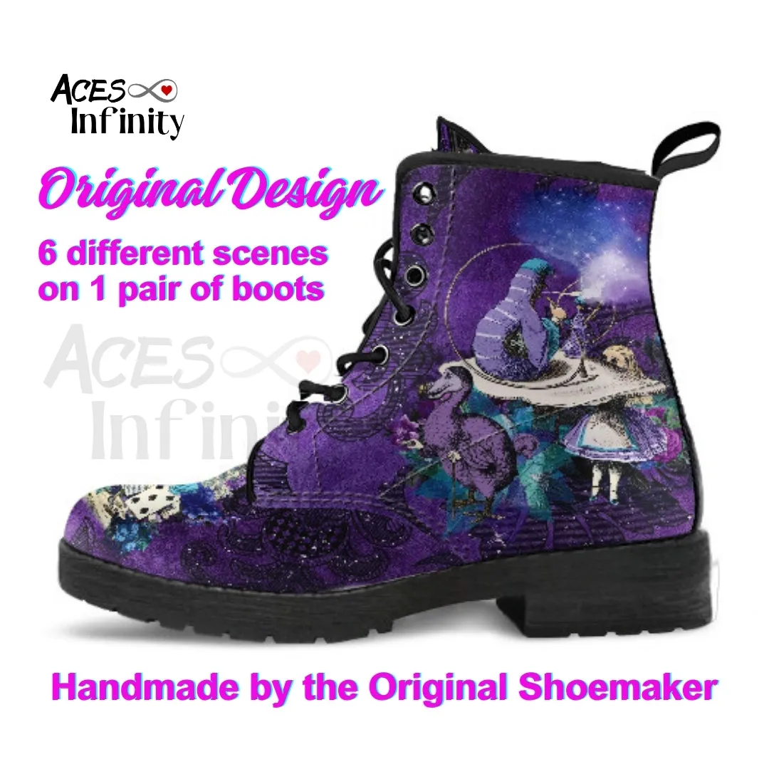 Alice in Wonderland Combat Boots #201 Purple Series (NEW) | Purple Boots for Women, Handmade Lace Up, Women's Boots, Wedding Boots, Mad Hatter