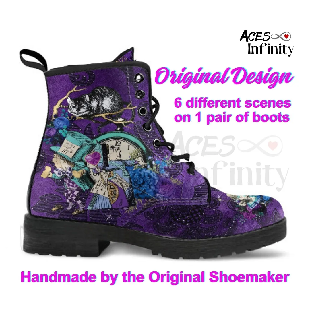 Alice in Wonderland Combat Boots #201 Purple Series (NEW) | Purple Boots for Women, Handmade Lace Up, Women's Boots, Wedding Boots, Mad Hatter