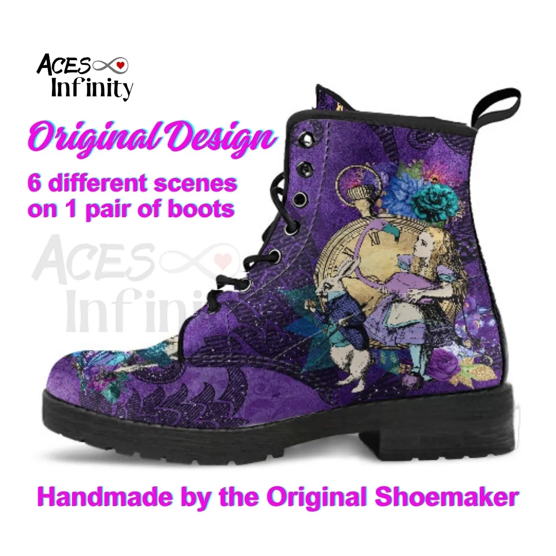 Alice in Wonderland Combat Boots #201 Purple Series (NEW) | Purple Boots for Women, Handmade Lace Up, Women's Boots, Wedding Boots, Mad Hatter