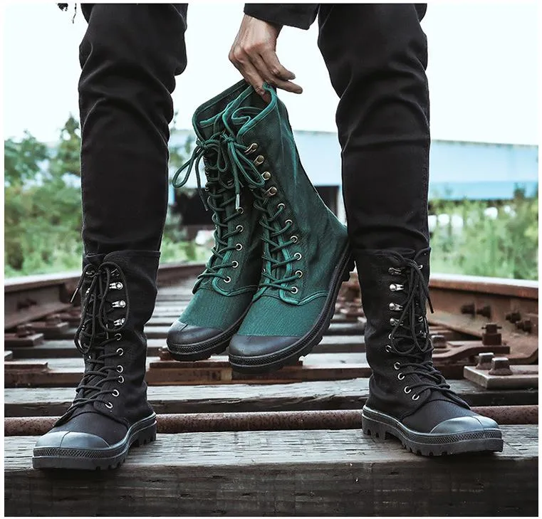 Canvas Men Boots Spring Fashion Men Casual Shoes Mid-calf Male Military Tactical Boots Lace Up Comfortable Man Sneakers