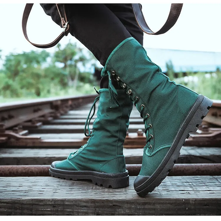 Canvas Men Boots Spring Fashion Men Casual Shoes Mid-calf Male Military Tactical Boots Lace Up Comfortable Man Sneakers