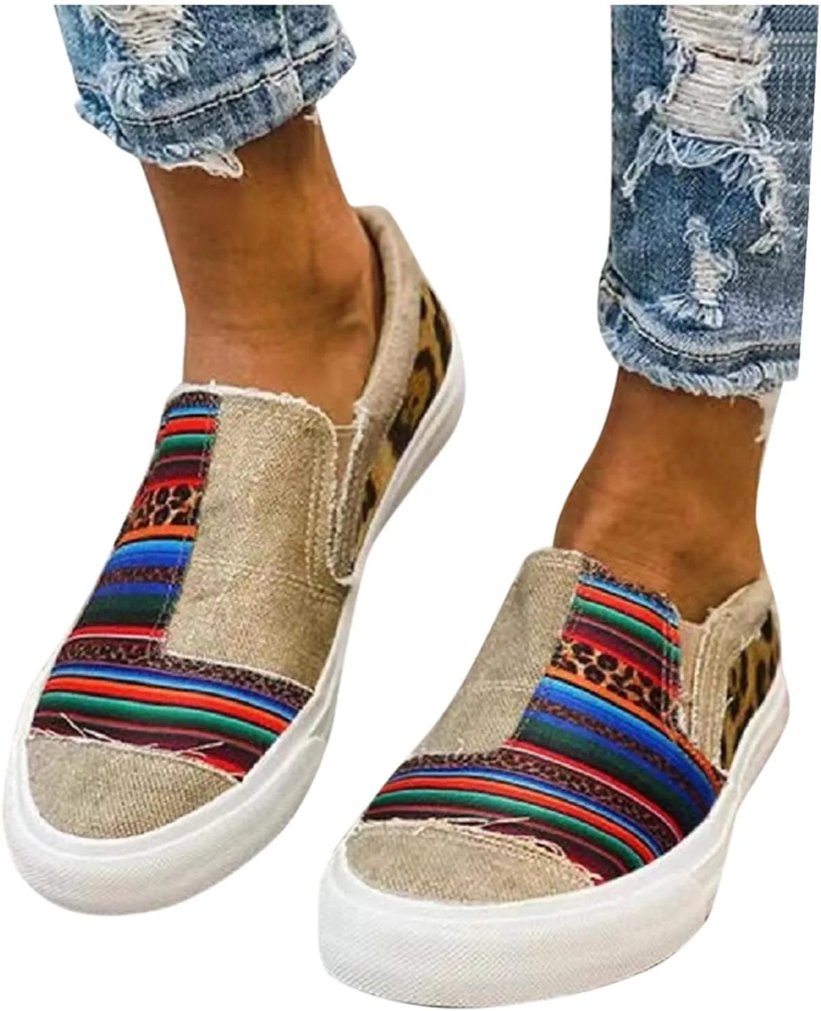 Canvas Shoes for Women Leopard Platform Fashion Comfortable Low Top Slip On Sneakers No Laces Lightweight Breathable Walking Shoe Flats Loafers Outdoor Beach Footwear Classic Dress Shoes