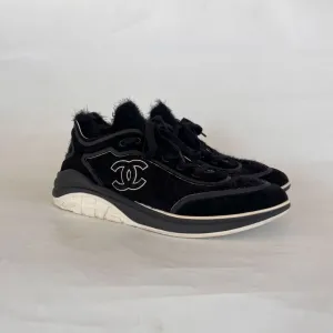 Chanel Black Tweed and Suede CC Lace-Up Fuzzy Sneakers
