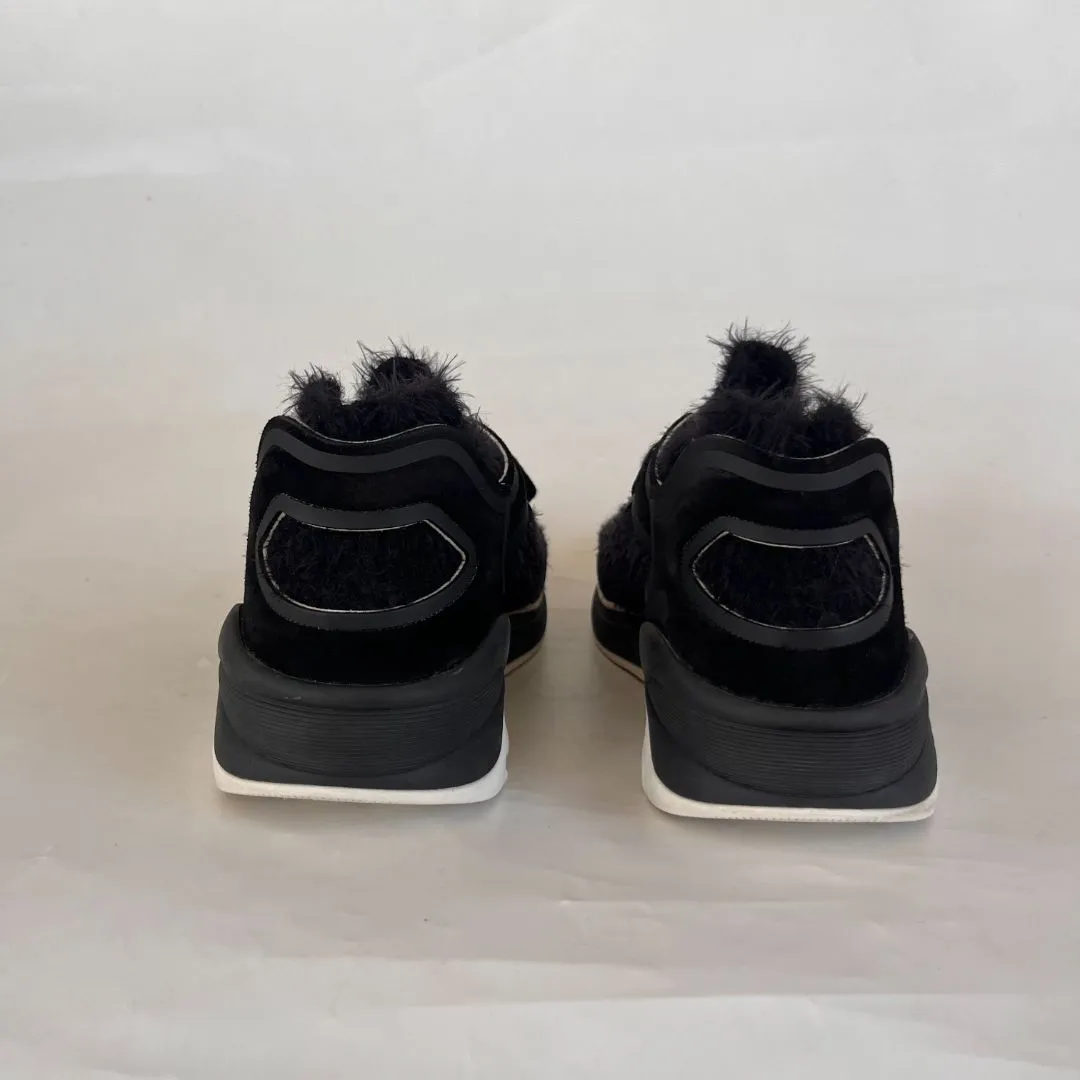 Chanel Black Tweed and Suede CC Lace-Up Fuzzy Sneakers