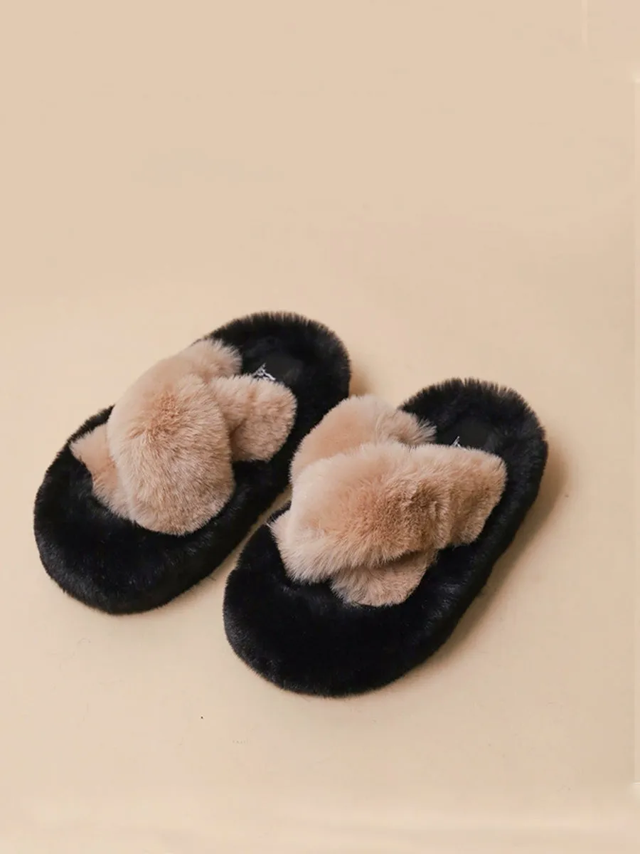 Criss Cross Straps Casual Indoors Slippers Fluffy Faux Fuzzy Fur  Slides
