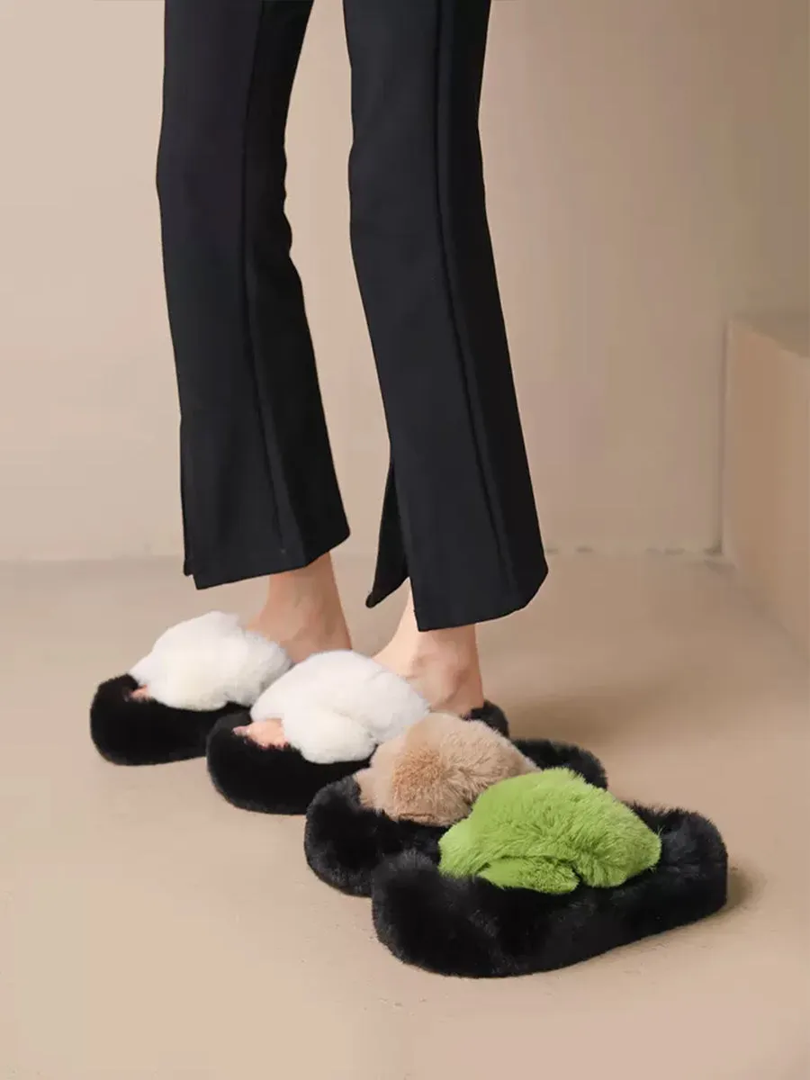 Criss Cross Straps Casual Indoors Slippers Fluffy Faux Fuzzy Fur  Slides