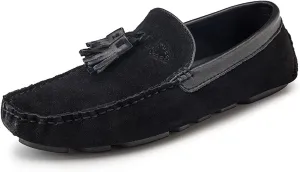 HOOENG Driving Moccasins Smoking Loafer for Men Tassel Genuine Leather Suede Vamp Round Toe Stitching Details Resistant Flexible Soft Comfortable Flat Heel (Color : Black, Size : 7.5)