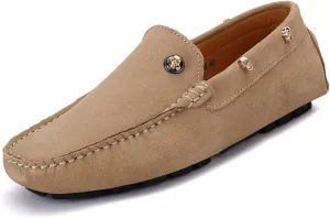 HOOENG Shoes Smoking Loafer for Men Suede Vamp with Rivet Stitching Details Genuine Leather Round Toe Flexible Comfortable Soft Walking Slip on (Color : Khaki, Size : 7.5 M US)