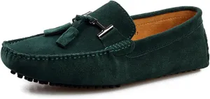 HOOENG Smoking Loafer Driving Moccasins for Men Suede Vamp Stitching Details Genuine Leather Round Toe Comfortable Flat Heel Soft Flexible Resistant Driving (Color : Dark Green, Size : 12)