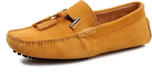 HOOENG Smoking Loafer Driving Moccasins for Men Suede Vamp Stitching Details Genuine Leather Round Toe Comfortable Flat Heel Soft Flexible Resistant Driving (Color : Gold, Size : 11)