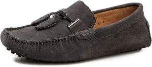 HOOENG Smoking Loafer Driving Moccasins for Men Suede Vamp Stitching Details Genuine Leather Round Toe Comfortable Flat Heel Soft Flexible Resistant Driving (Color : Grey, Size : 7)