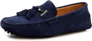 HOOENG Smoking Loafer Driving Moccasins for Men Suede Vamp Stitching Details Genuine Leather Round Toe Comfortable Flat Heel Soft Flexible Resistant Driving (Color : Navy, Size : 10)