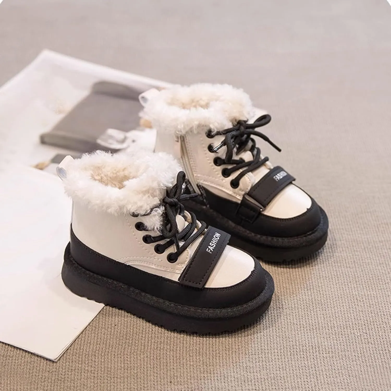 Kids Girls Fleece Winter Ankle Boots Lace-up Cute Soft Rubber Bottom Vintage Plush Warm Comfortable Snow Shoes