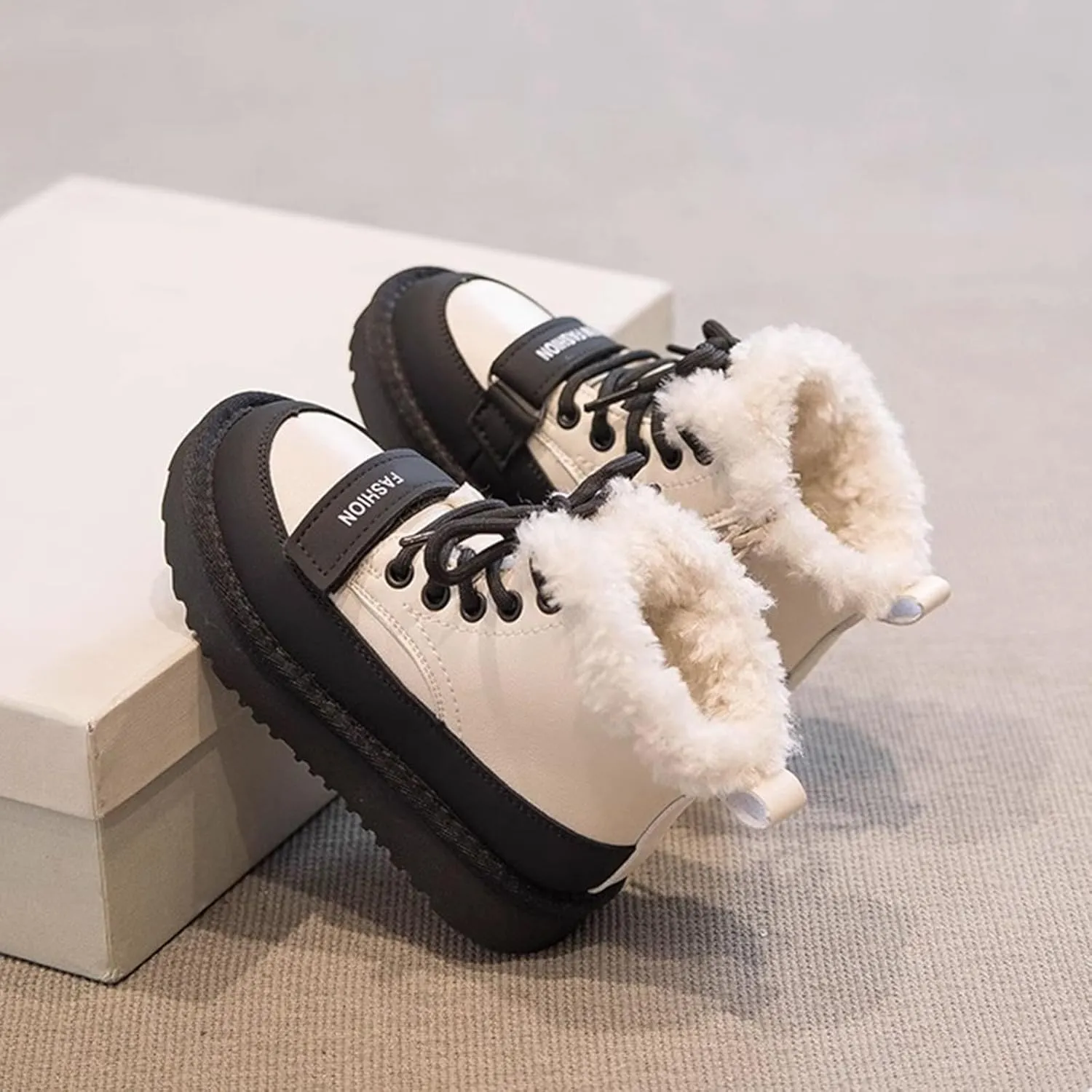 Kids Girls Fleece Winter Ankle Boots Lace-up Cute Soft Rubber Bottom Vintage Plush Warm Comfortable Snow Shoes