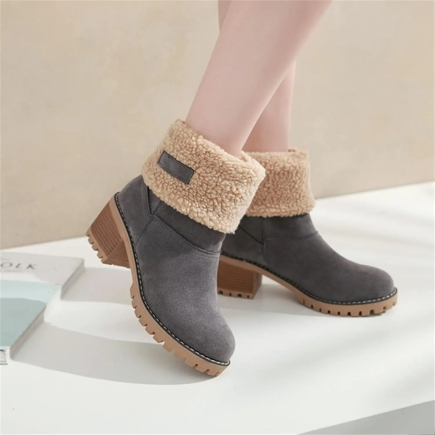 Ladmiple Snow Boots For Women Wide Calf Warm Fur Lined Winter Outdoor Short Ankle Booties Slip On Comfortable Walking Shoes