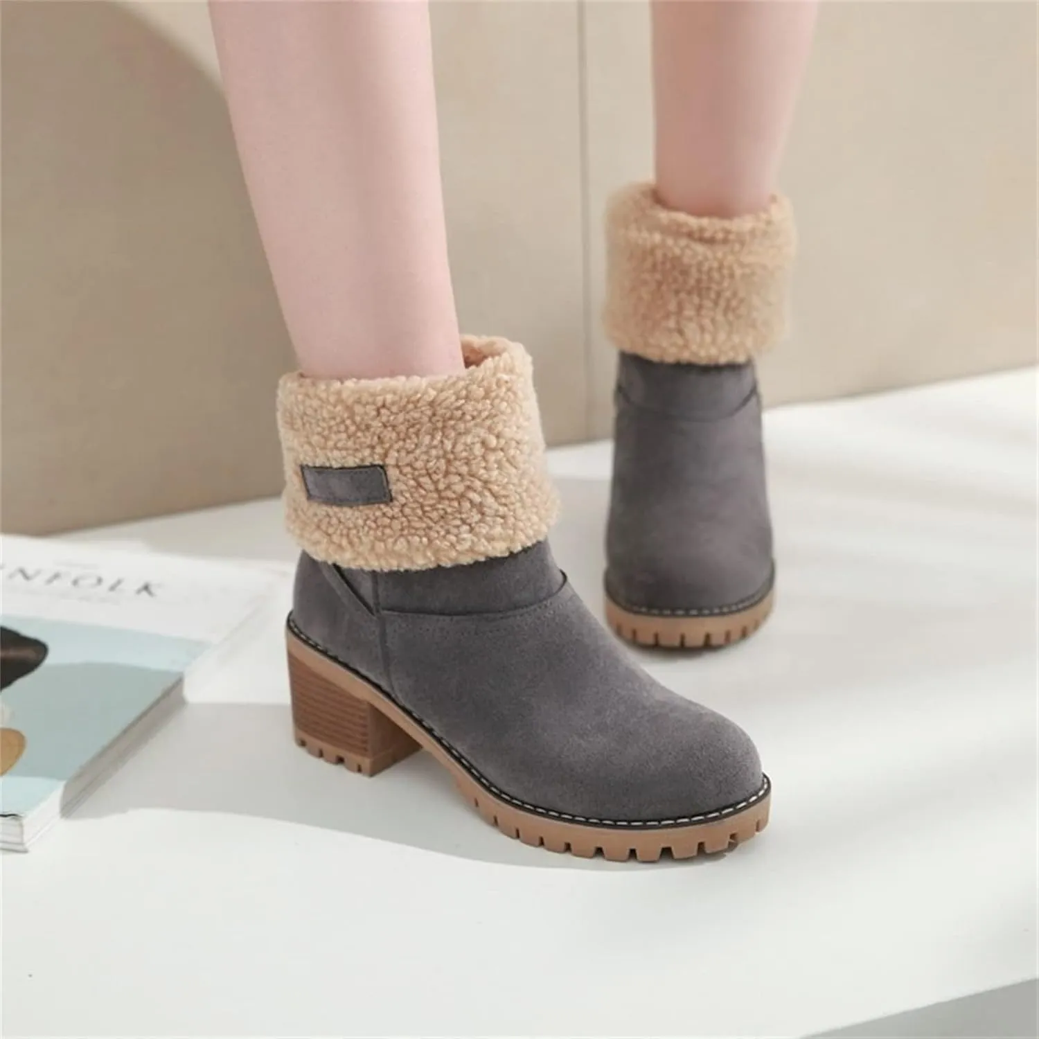 Ladmiple Snow Boots For Women Wide Calf Warm Fur Lined Winter Outdoor Short Ankle Booties Slip On Comfortable Walking Shoes