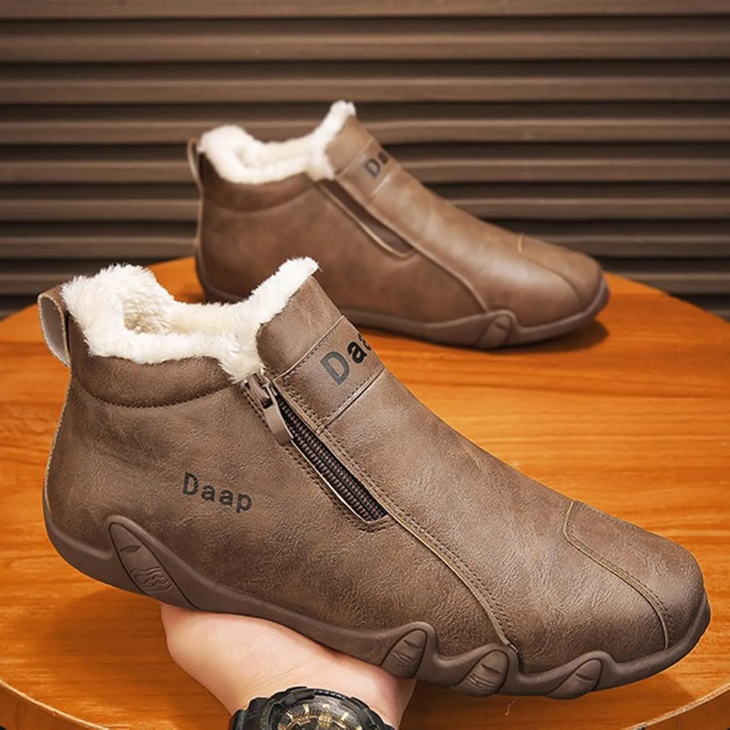 Leather Furry Boots for Men Fleece Lined Warm Winter Boots Water Proof Insulated Boots Soft Flat Hiking Boots and Shoes