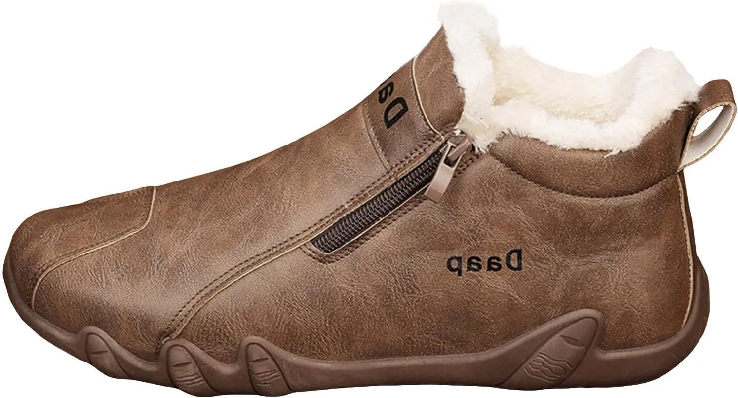 Leather Furry Boots for Men Fleece Lined Warm Winter Boots Water Proof Insulated Boots Soft Flat Hiking Boots and Shoes