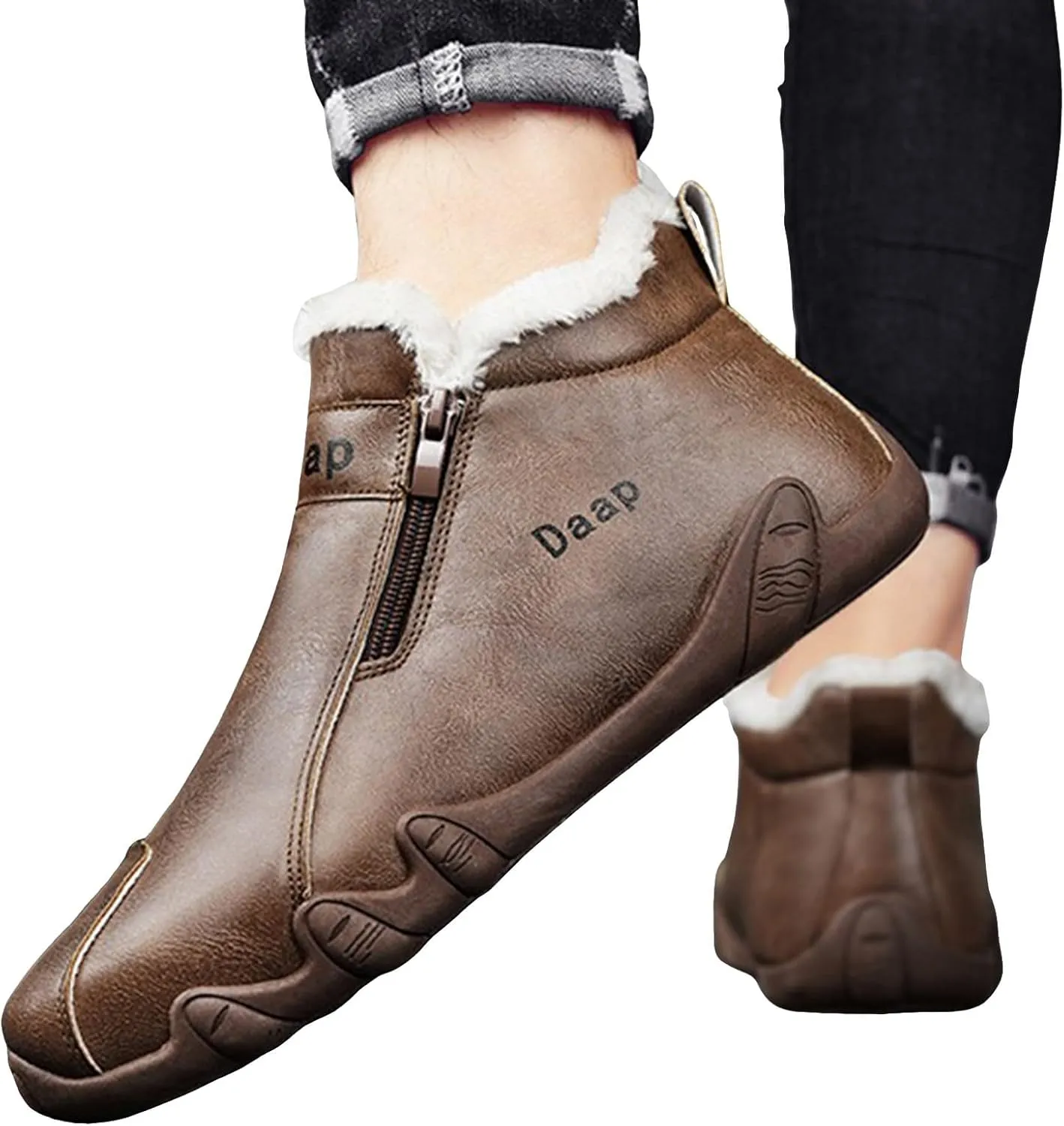 Leather Furry Boots for Men Fleece Lined Warm Winter Boots Water Proof Insulated Boots Soft Flat Hiking Boots and Shoes