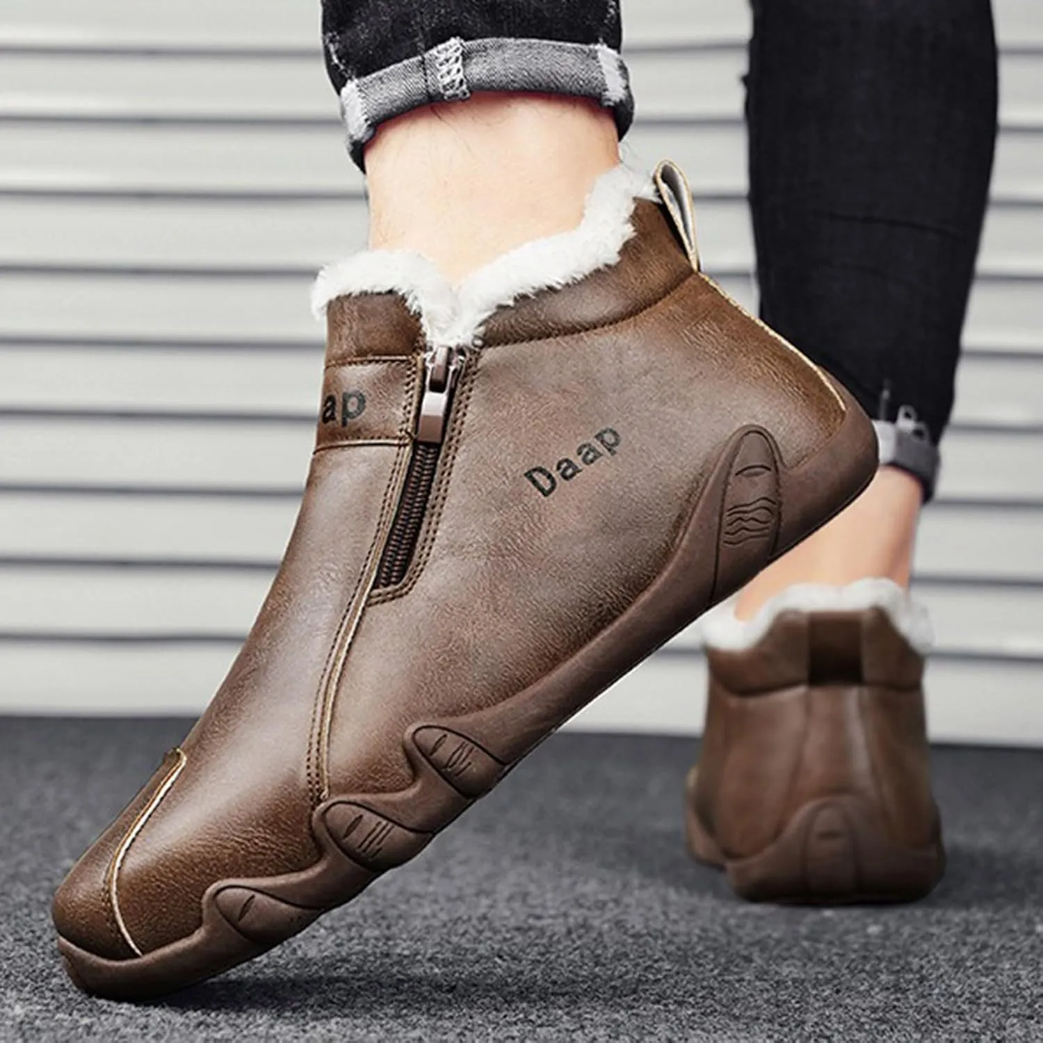 Leather Furry Boots for Men Fleece Lined Warm Winter Boots Water Proof Insulated Boots Soft Flat Hiking Boots and Shoes