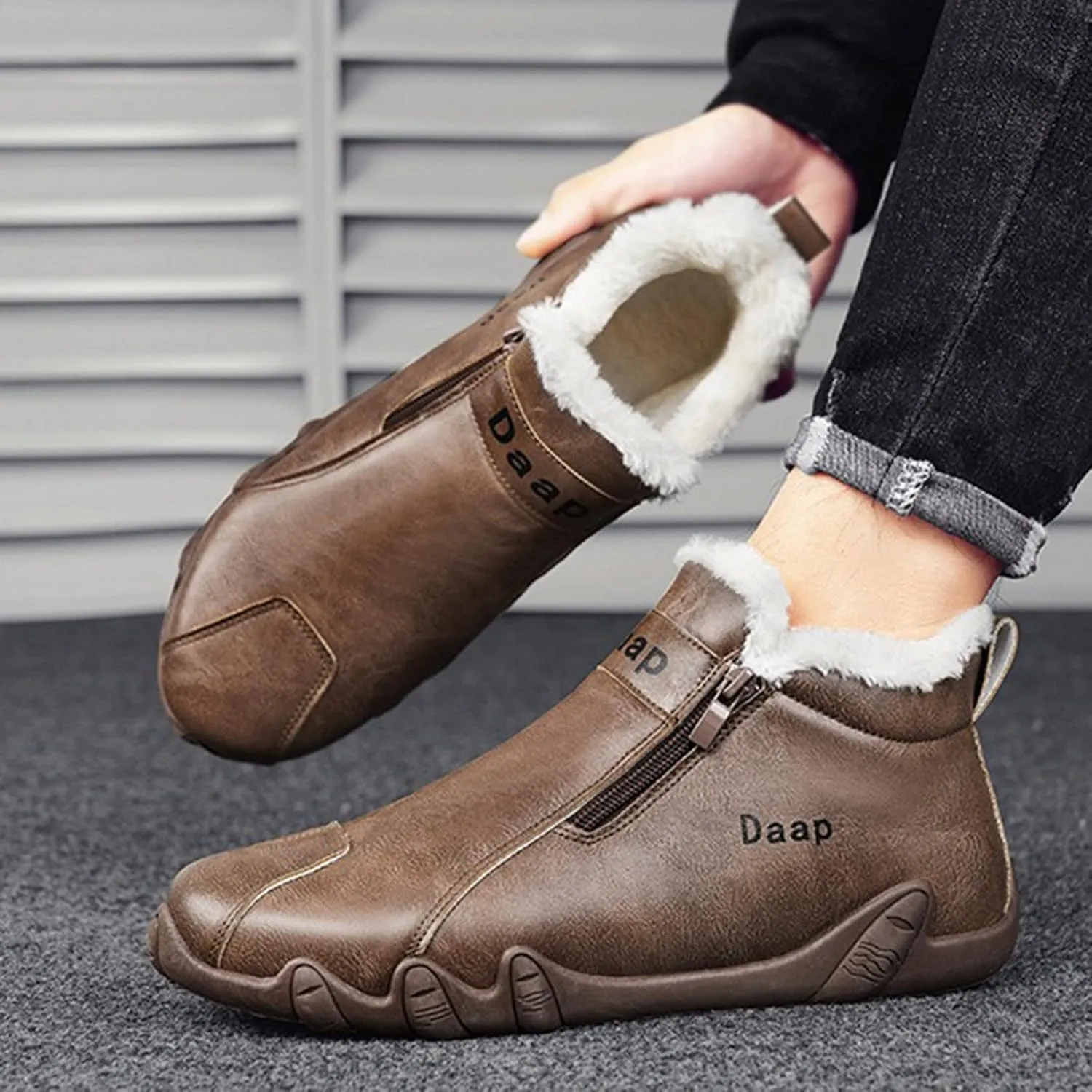 Leather Furry Boots for Men Fleece Lined Warm Winter Boots Water Proof Insulated Boots Soft Flat Hiking Boots and Shoes