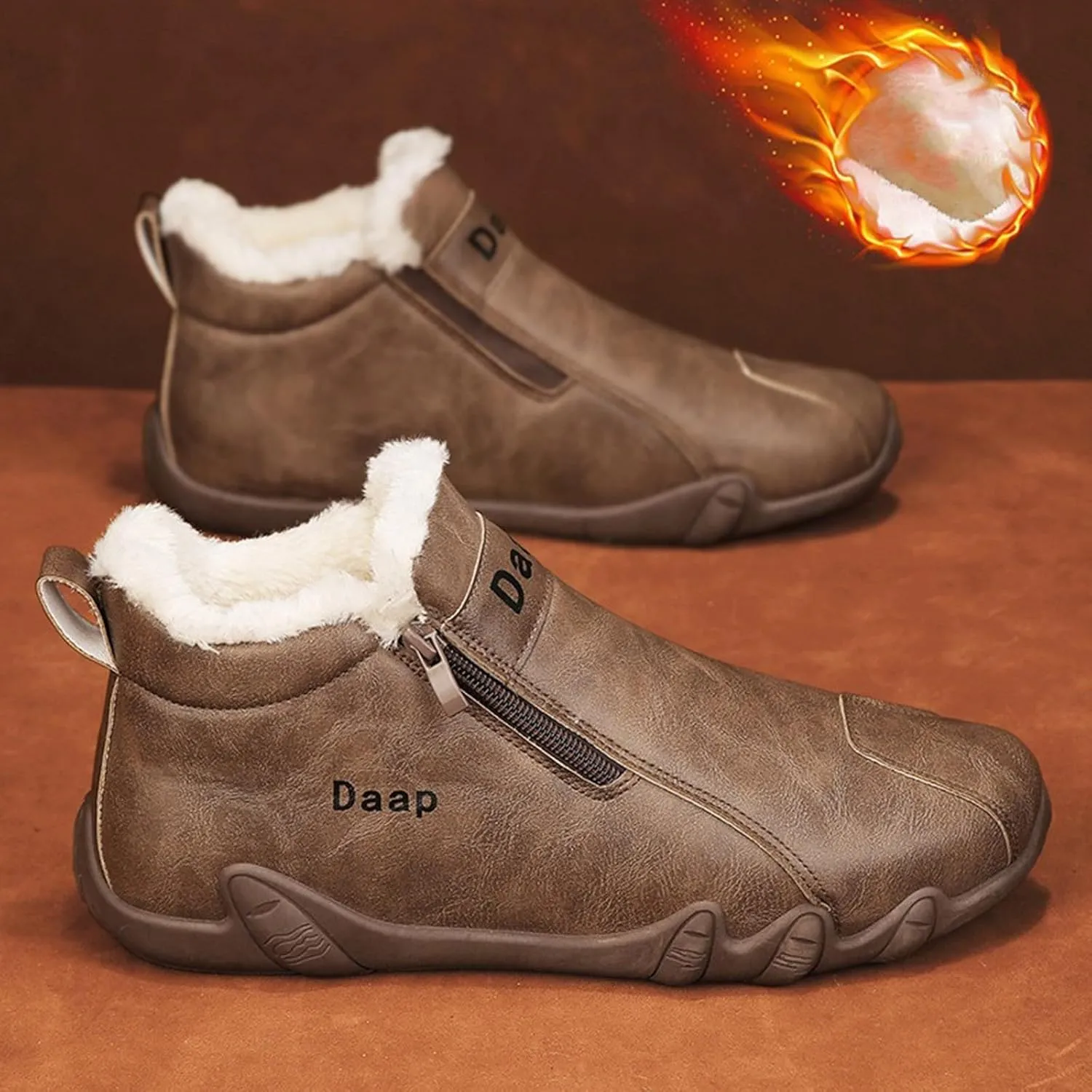 Leather Furry Boots for Men Fleece Lined Warm Winter Boots Water Proof Insulated Boots Soft Flat Hiking Boots and Shoes