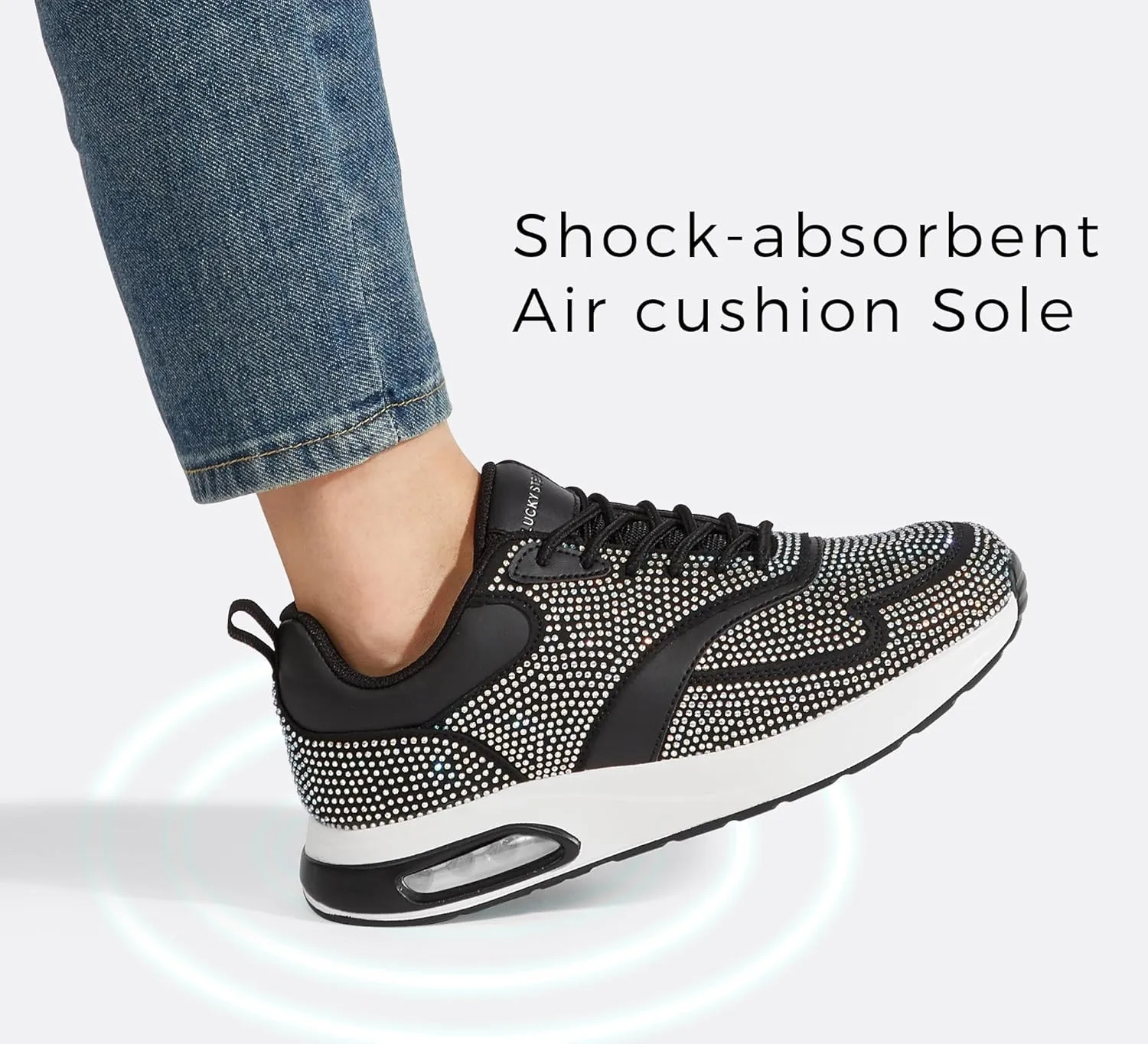 LUCKY STEP Women's Air Cushion Sneakers Rhinestone Fashion Running Gym Jogging Casual Sparkly Arch Support Walking Shoes
