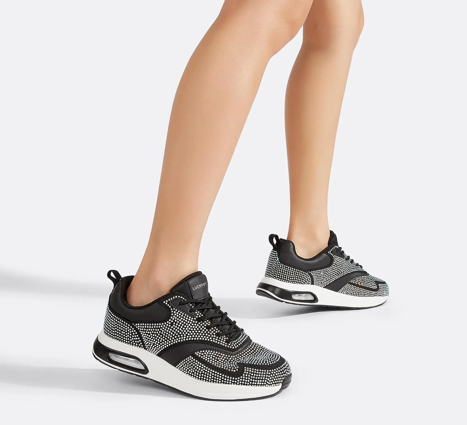 LUCKY STEP Women's Air Cushion Sneakers Rhinestone Fashion Running Gym Jogging Casual Sparkly Arch Support Walking Shoes