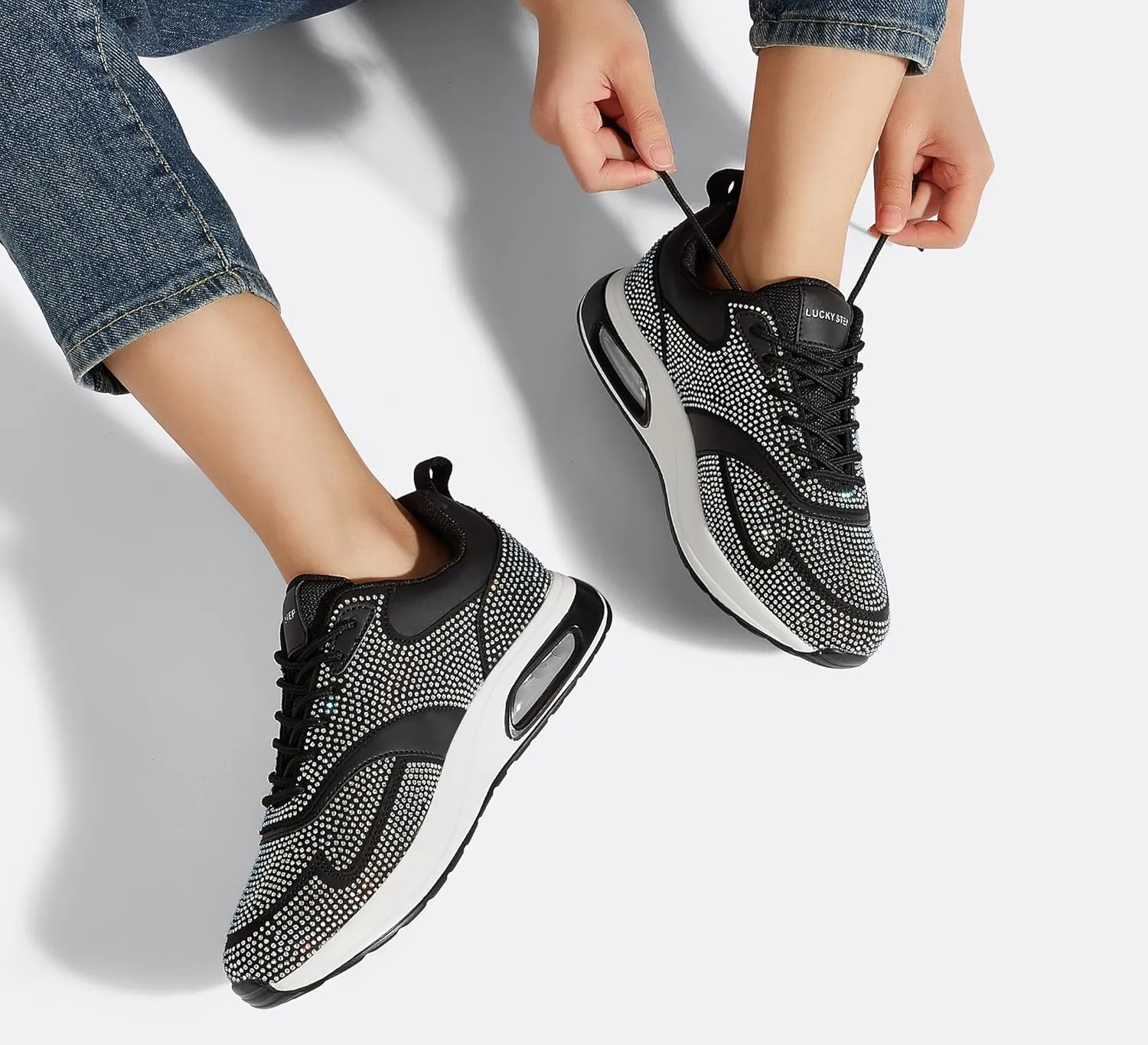 LUCKY STEP Women's Air Cushion Sneakers Rhinestone Fashion Running Gym Jogging Casual Sparkly Arch Support Walking Shoes