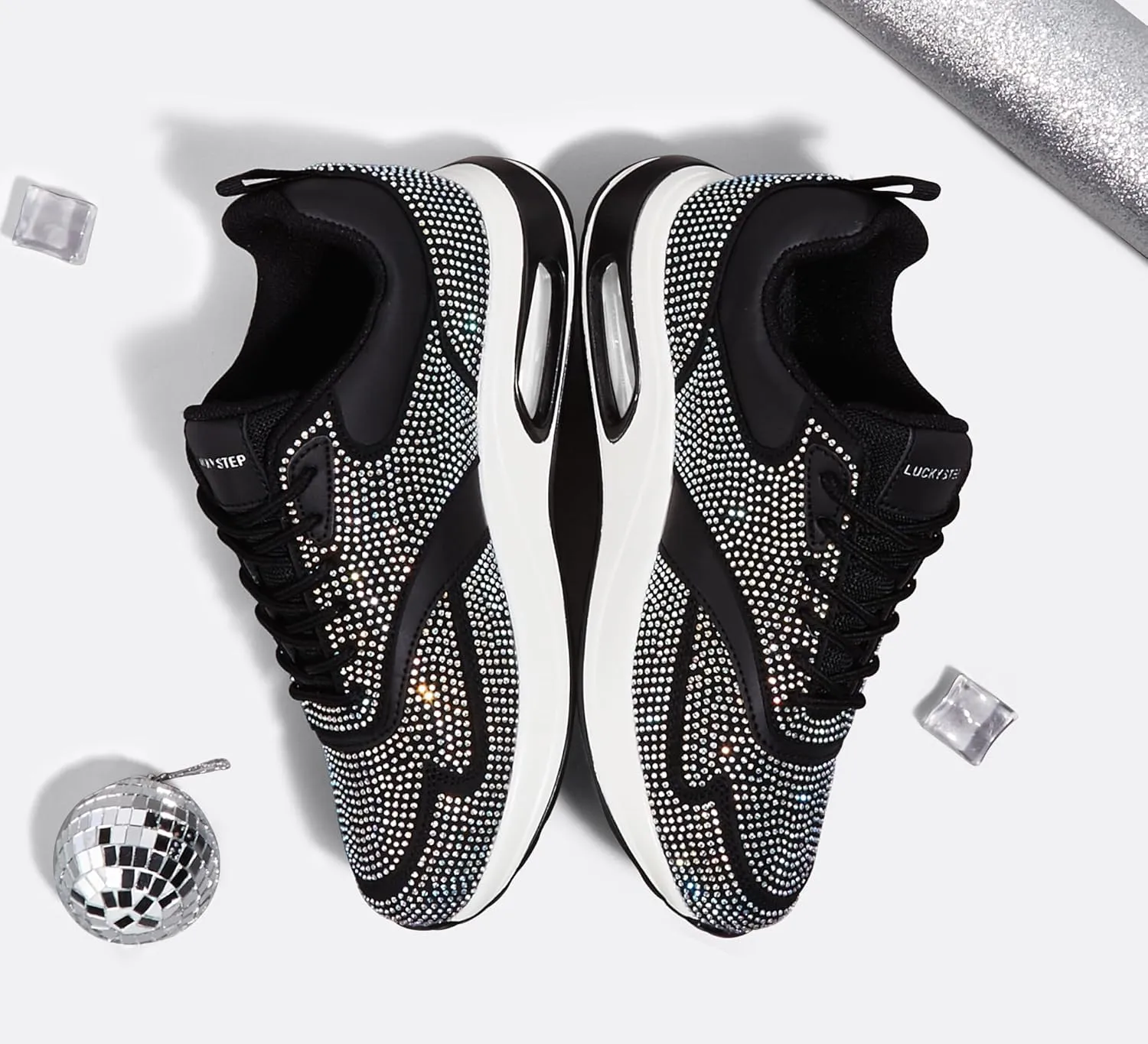 LUCKY STEP Women's Air Cushion Sneakers Rhinestone Fashion Running Gym Jogging Casual Sparkly Arch Support Walking Shoes
