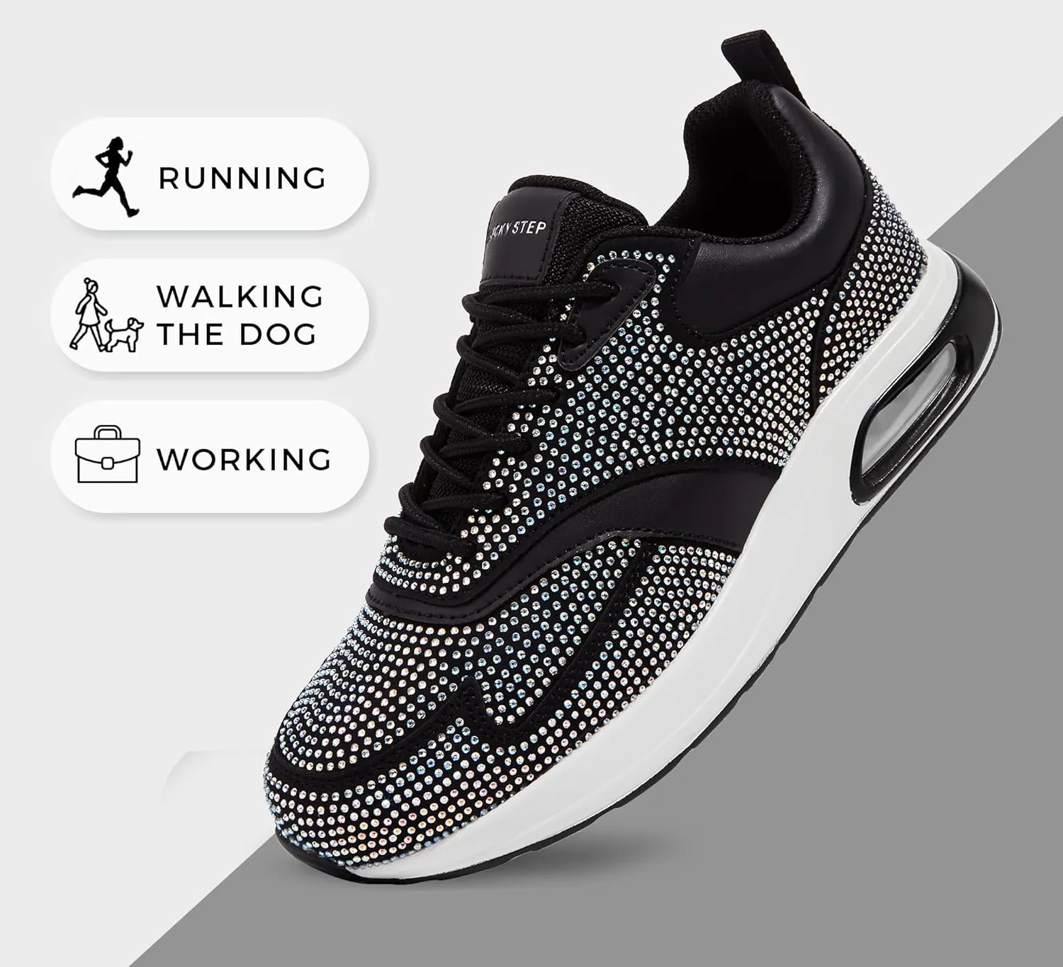 LUCKY STEP Women's Air Cushion Sneakers Rhinestone Fashion Running Gym Jogging Casual Sparkly Arch Support Walking Shoes