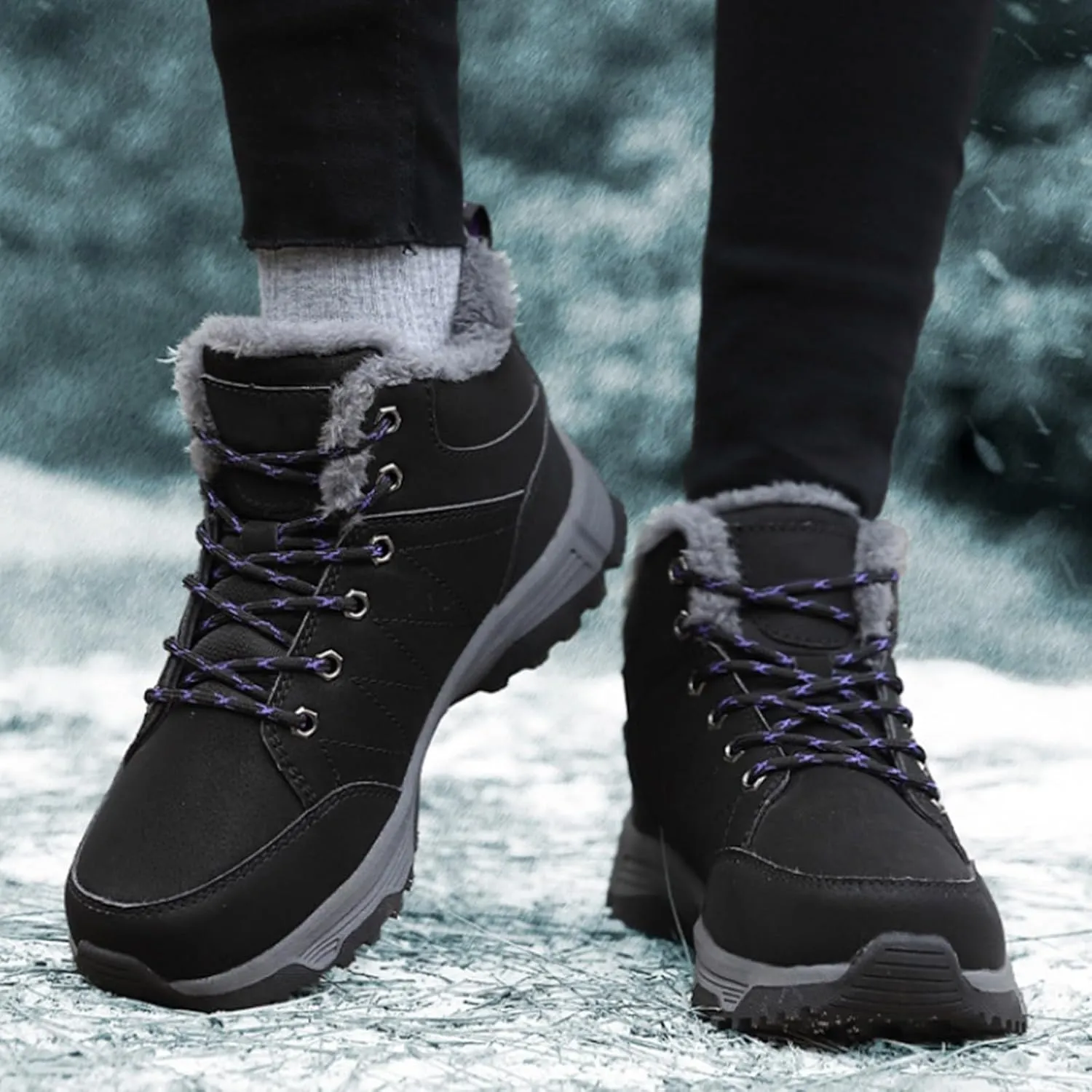 Men Work Boots Waterproof Hiking Sneakers Fur Lined Ankle Boot Women's Safety Toe Shoes Slip On Waterproof Outdoor Shoes Leather Comfortable Hike Grounded Footwear