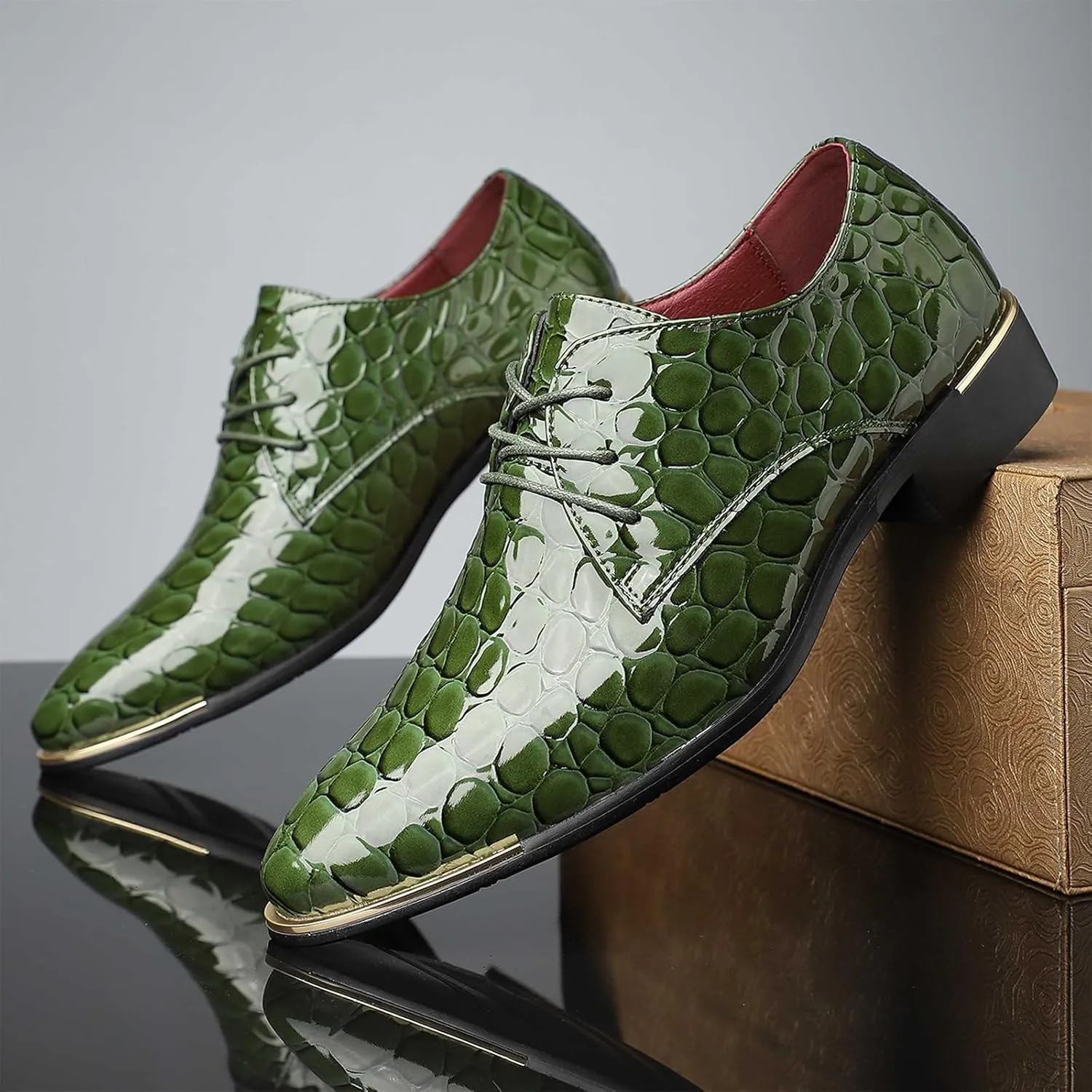Men's Dress Oxford Shoes,Textured Synthetic Leather, Lace-up Design with Gold Accents