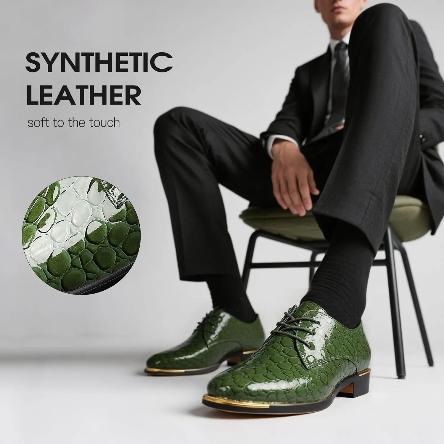 Men's Dress Oxford Shoes,Textured Synthetic Leather, Lace-up Design with Gold Accents