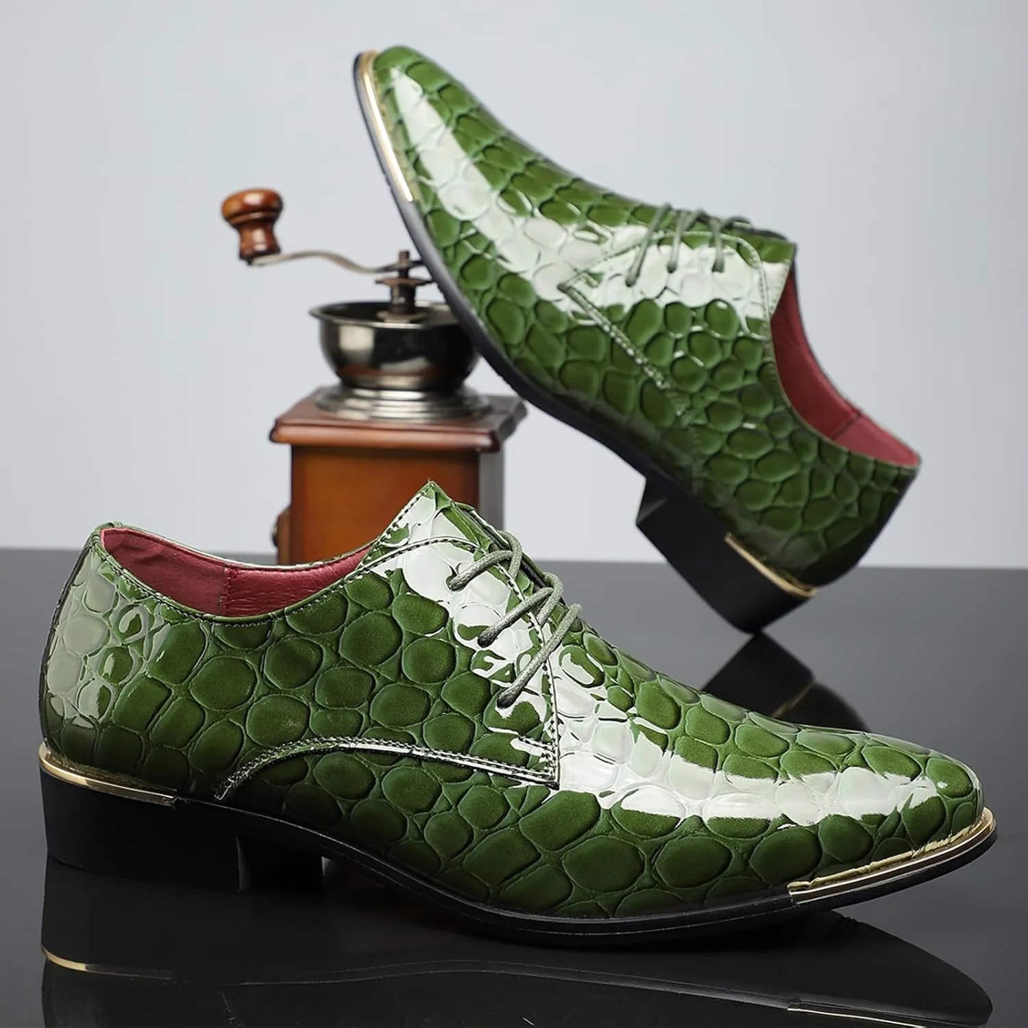 Men's Dress Oxford Shoes,Textured Synthetic Leather, Lace-up Design with Gold Accents
