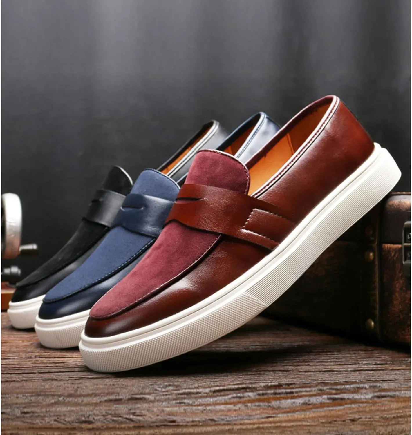 Men's Fashion Round Toe Loafers Dress Shoes Suede Leather Slip On Casual Penny Walking Shoes for Driving Dating