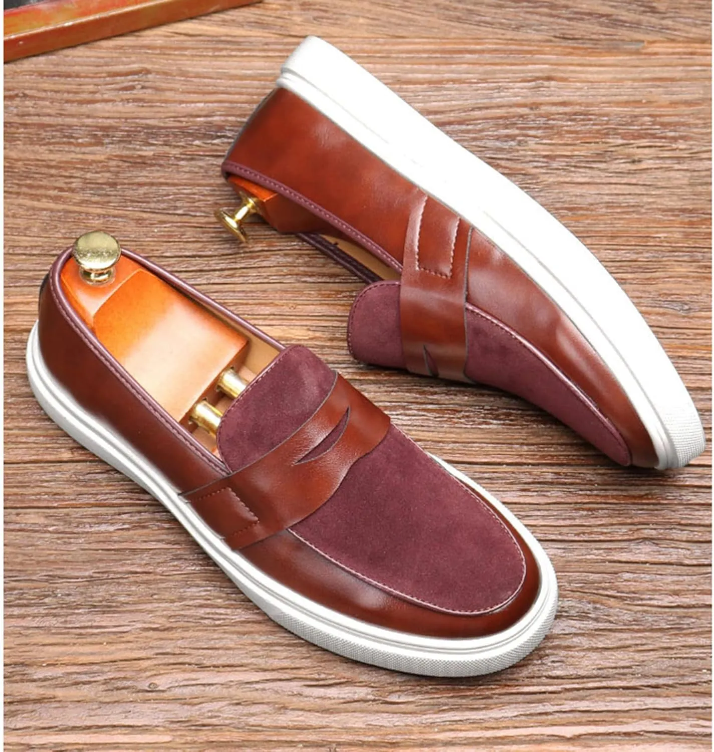 Men's Fashion Round Toe Loafers Dress Shoes Suede Leather Slip On Casual Penny Walking Shoes for Driving Dating