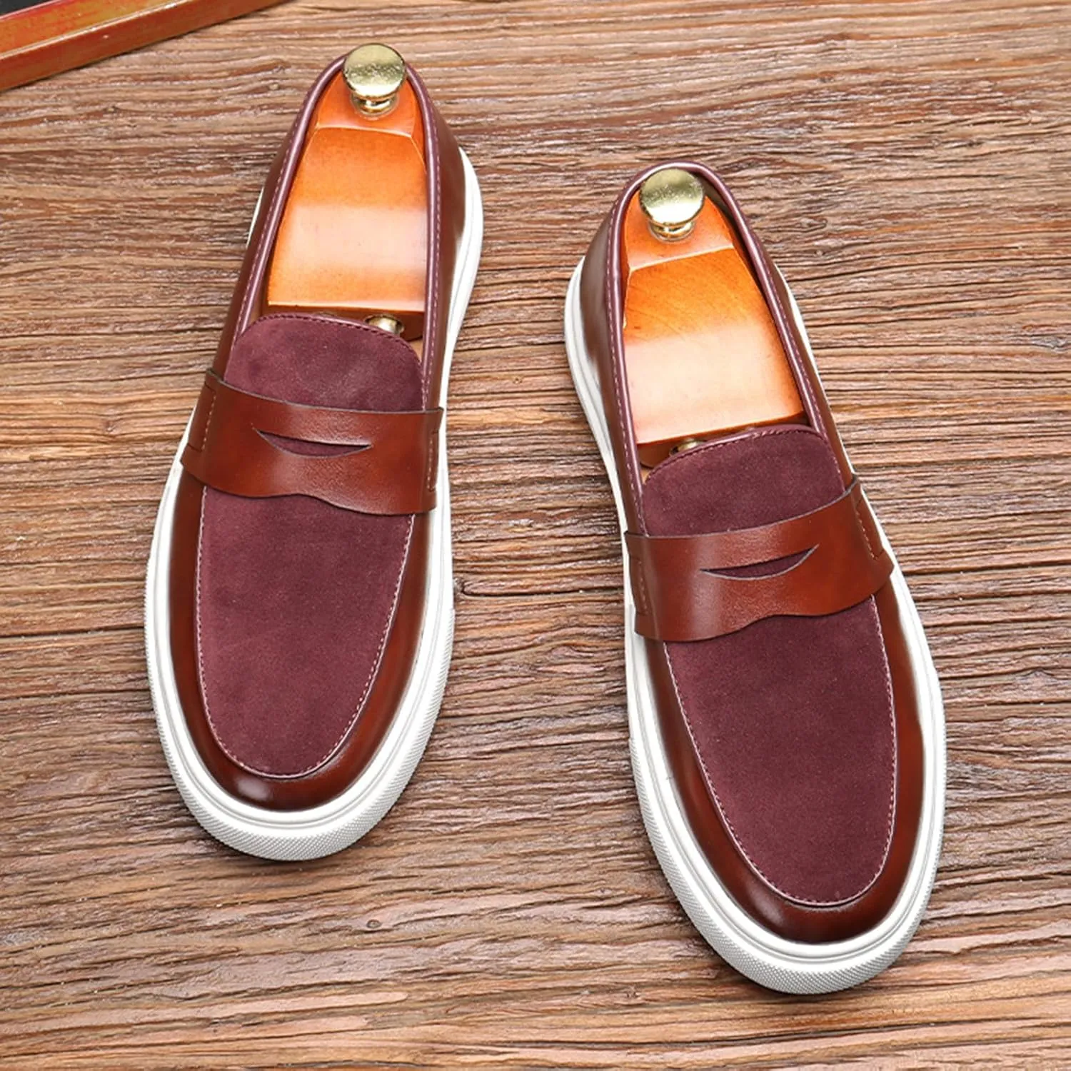 Men's Fashion Round Toe Loafers Dress Shoes Suede Leather Slip On Casual Penny Walking Shoes for Driving Dating