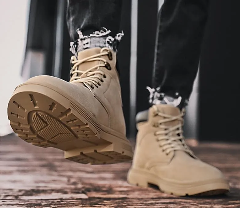Men's High Top Hiking Boots Comfy Leather Waterproof Hiking Combat Boots Lace up Low Heel Booties Ankle Boots