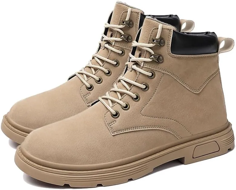 Men's High Top Hiking Boots Comfy Leather Waterproof Hiking Combat Boots Lace up Low Heel Booties Ankle Boots