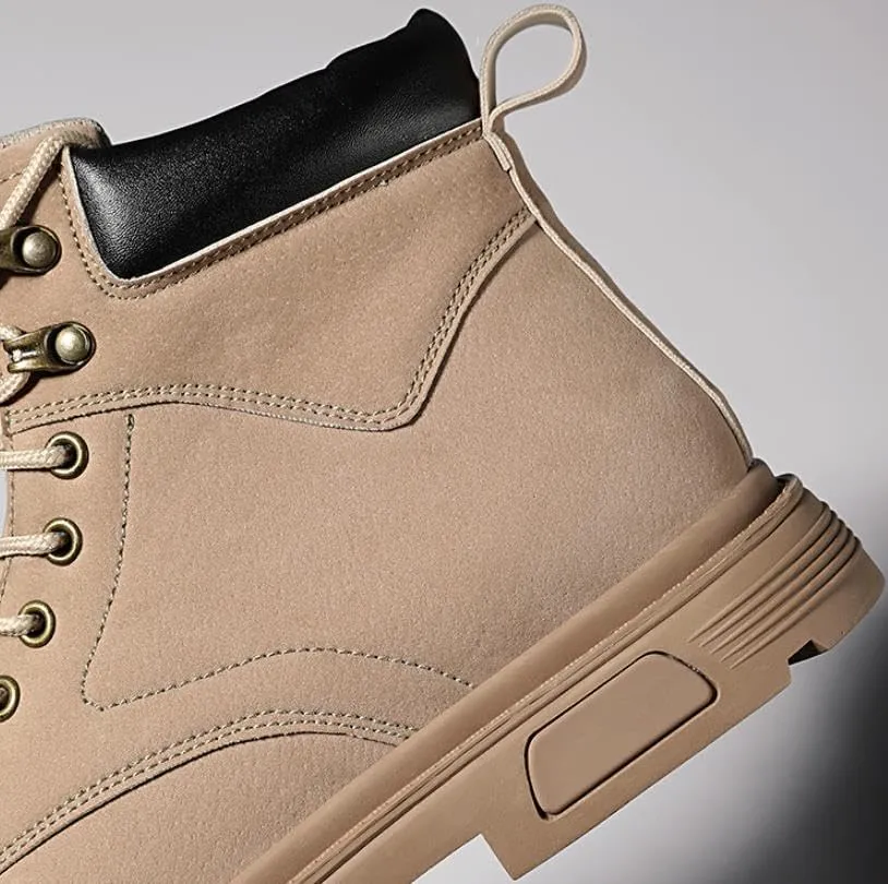 Men's High Top Hiking Boots Comfy Leather Waterproof Hiking Combat Boots Lace up Low Heel Booties Ankle Boots
