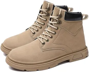 Men's High Top Hiking Boots Comfy Leather Waterproof Hiking Combat Boots Lace up Low Heel Booties Ankle Boots