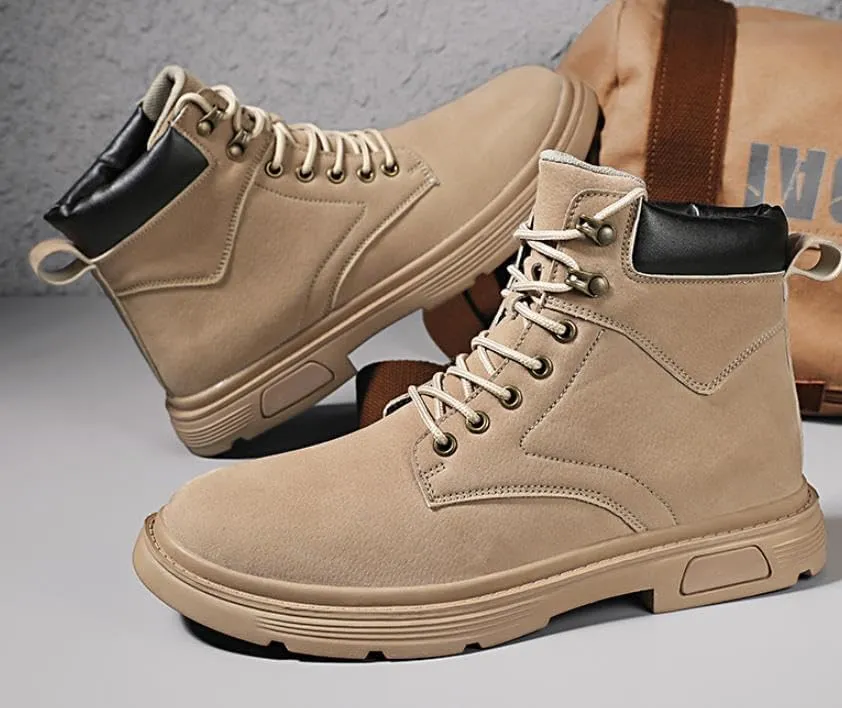 Men's High Top Hiking Boots Comfy Leather Waterproof Hiking Combat Boots Lace up Low Heel Booties Ankle Boots