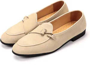 Mens Penny Loafers, Genuine Leather Suede Loafers Men Slip-On, Low Heel Comfort Metal Buckle Moccasins Slippers