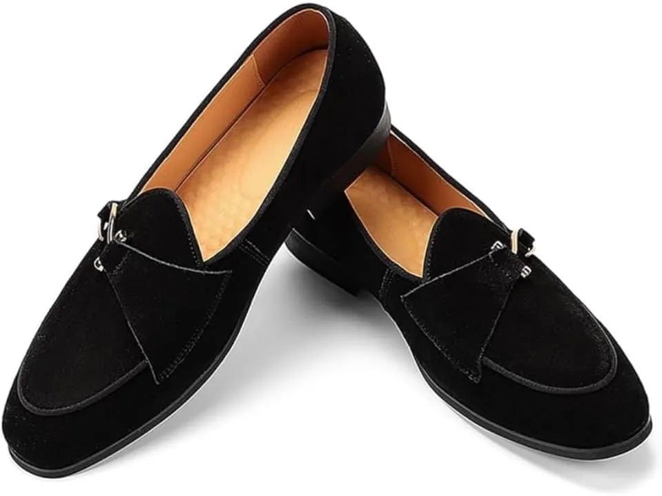 Mens Penny Loafers, Genuine Leather Suede Loafers Men Slip-On, Low Heel Comfort Metal Buckle Moccasins Slippers