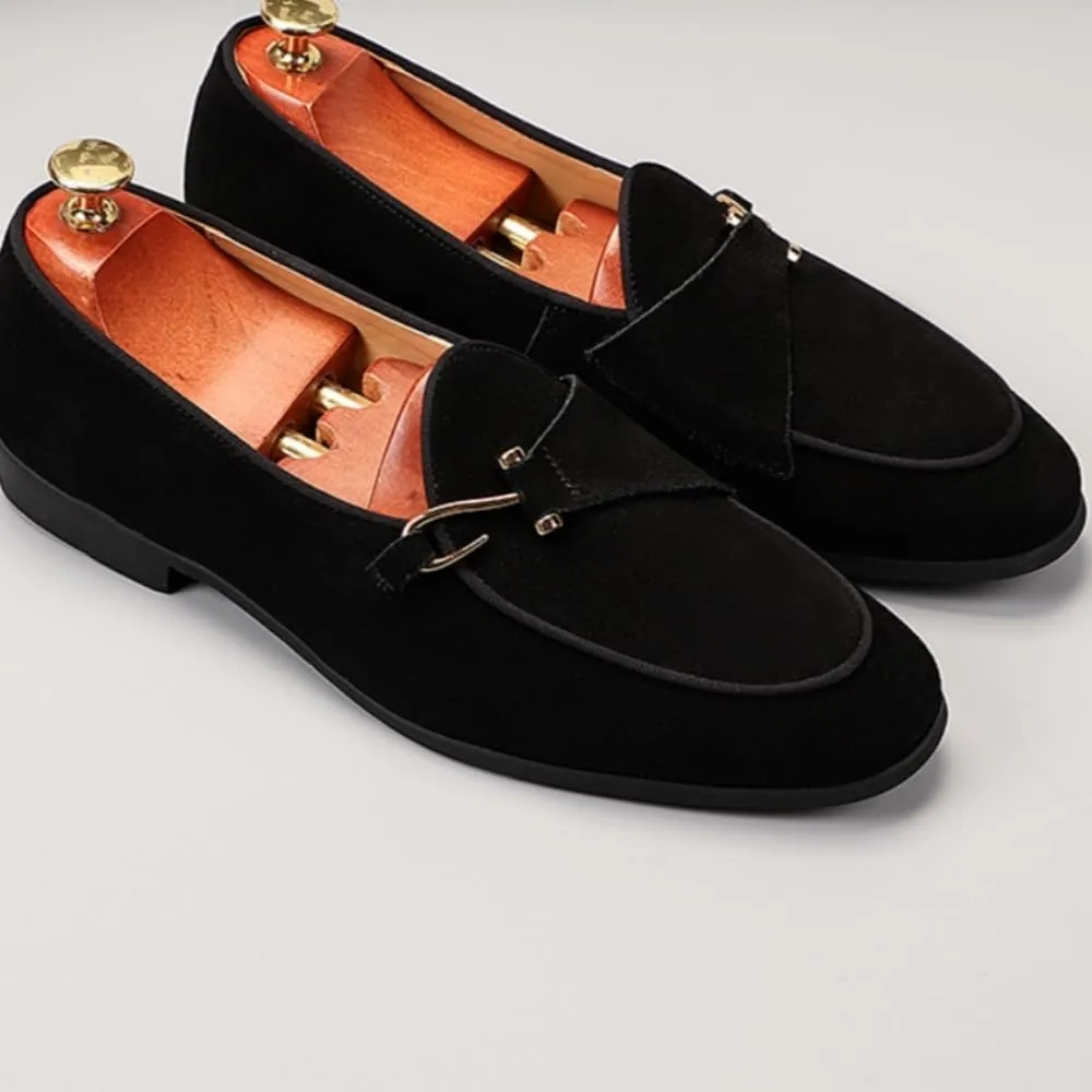 Mens Penny Loafers, Genuine Leather Suede Loafers Men Slip-On, Low Heel Comfort Metal Buckle Moccasins Slippers