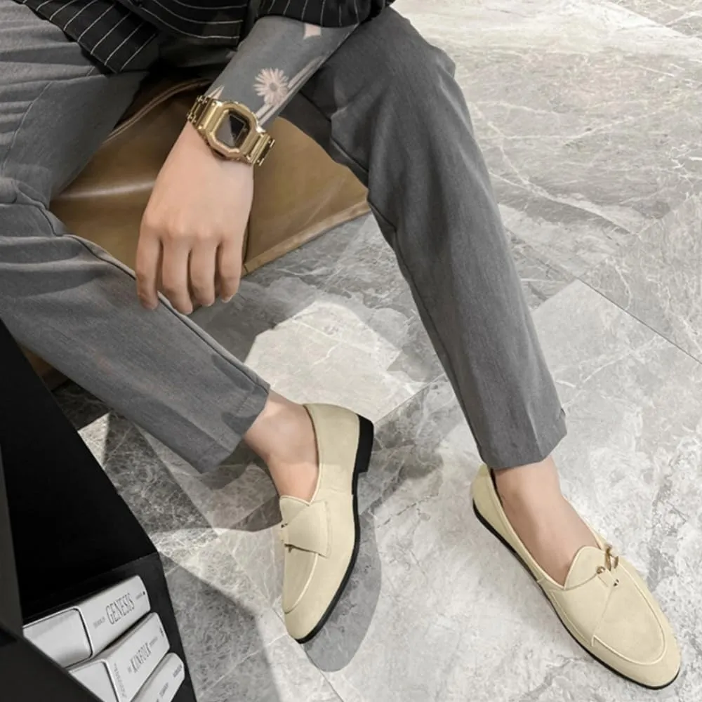 Mens Penny Loafers, Genuine Leather Suede Loafers Men Slip-On, Low Heel Comfort Metal Buckle Moccasins Slippers