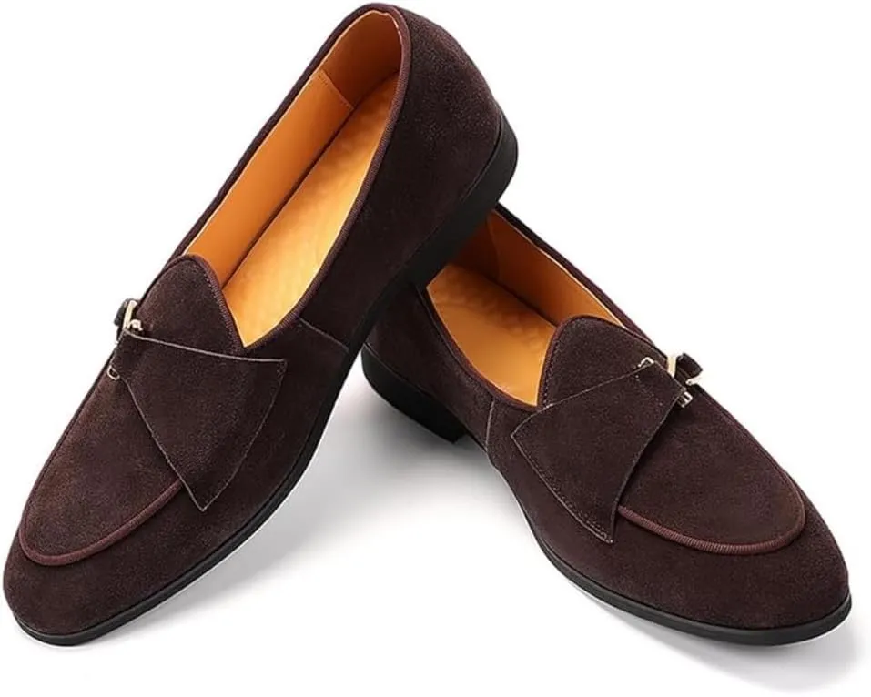 Mens Penny Loafers, Genuine Leather Suede Loafers Men Slip-On, Low Heel Comfort Metal Buckle Moccasins Slippers